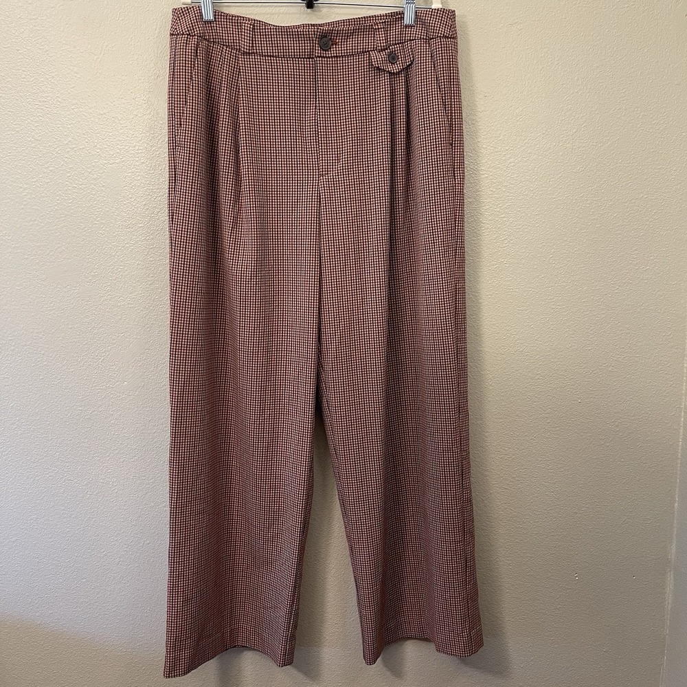 A‎ New Day Wide Leg Fall Gingham Pants Pleated Brown Dressy Grunge Women's Sz 14